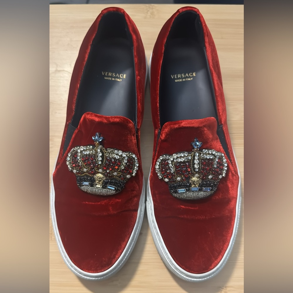 Versace slip on red velvet sneakers